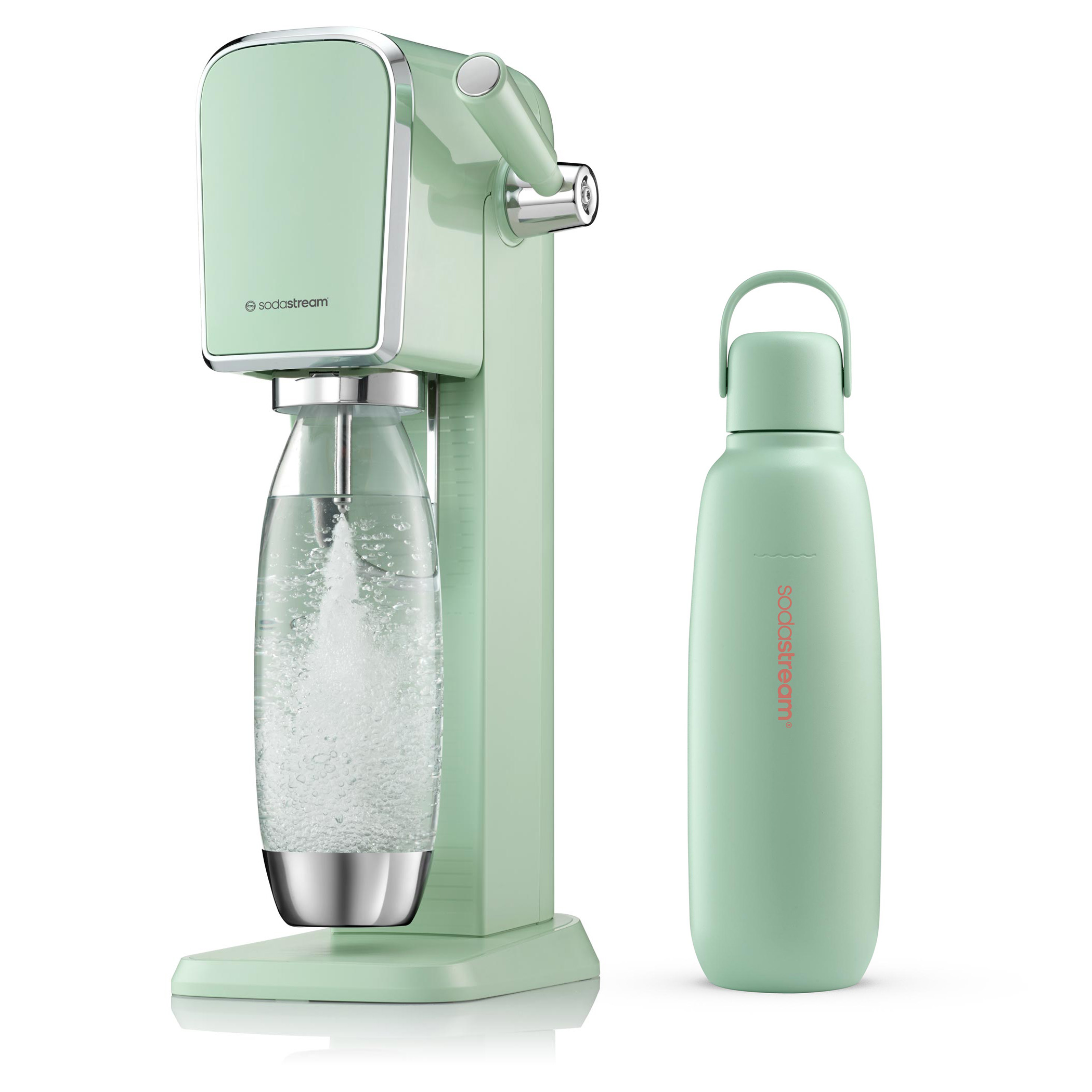 SodaStream Sada Art Mint Stylová sada v jemné mátové barvě  1x,  Výrobník perlivé vody ART (mátová barva)  1x,  Lahev FUSE 1L s kovovými prvky a