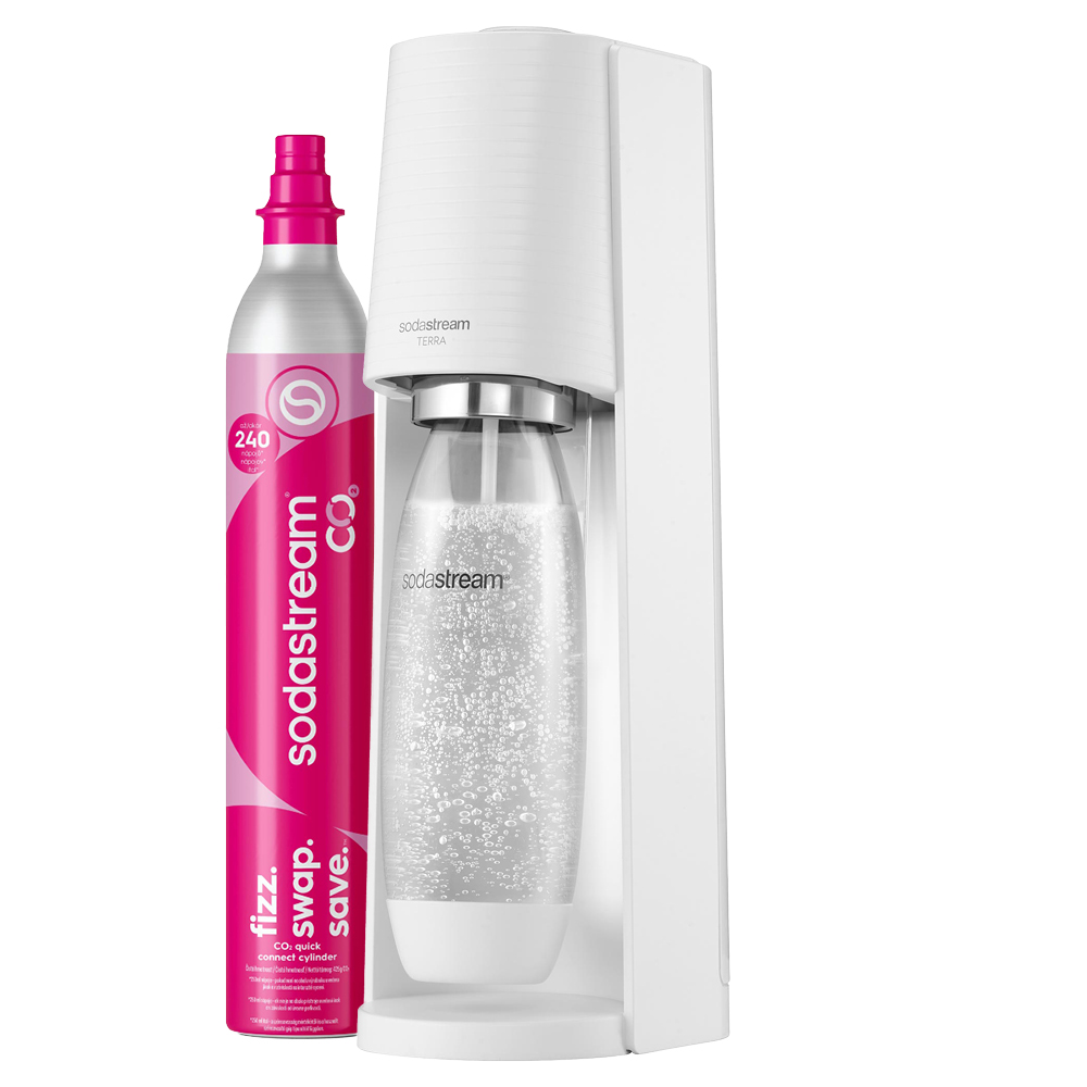SodaStream TERRA White Moderní a stylový výrobník domácí perlivé vody  1x,  Výrobník TERRA White,  1x,  Litrová lahev na vodu bez obsahu BPA vhodná