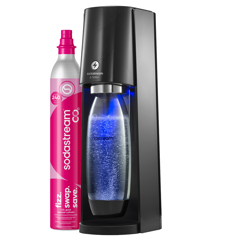 SodaStream E-TERRA Black Elegantní a stylový výrobník domácí perlivé vody  1x,  Výrobník perlivé vody E-TERRA Black,  1x,  Plastová lahev na vodu bez