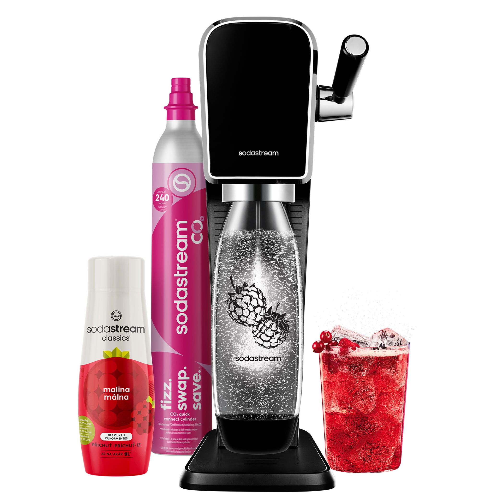 SodaStream ART Black Malina Zero Megapack Výrobník domácí perlivé vody s bonusovou výbavou 1&times; Výrobník perlivé vody ART černý, 1&times;